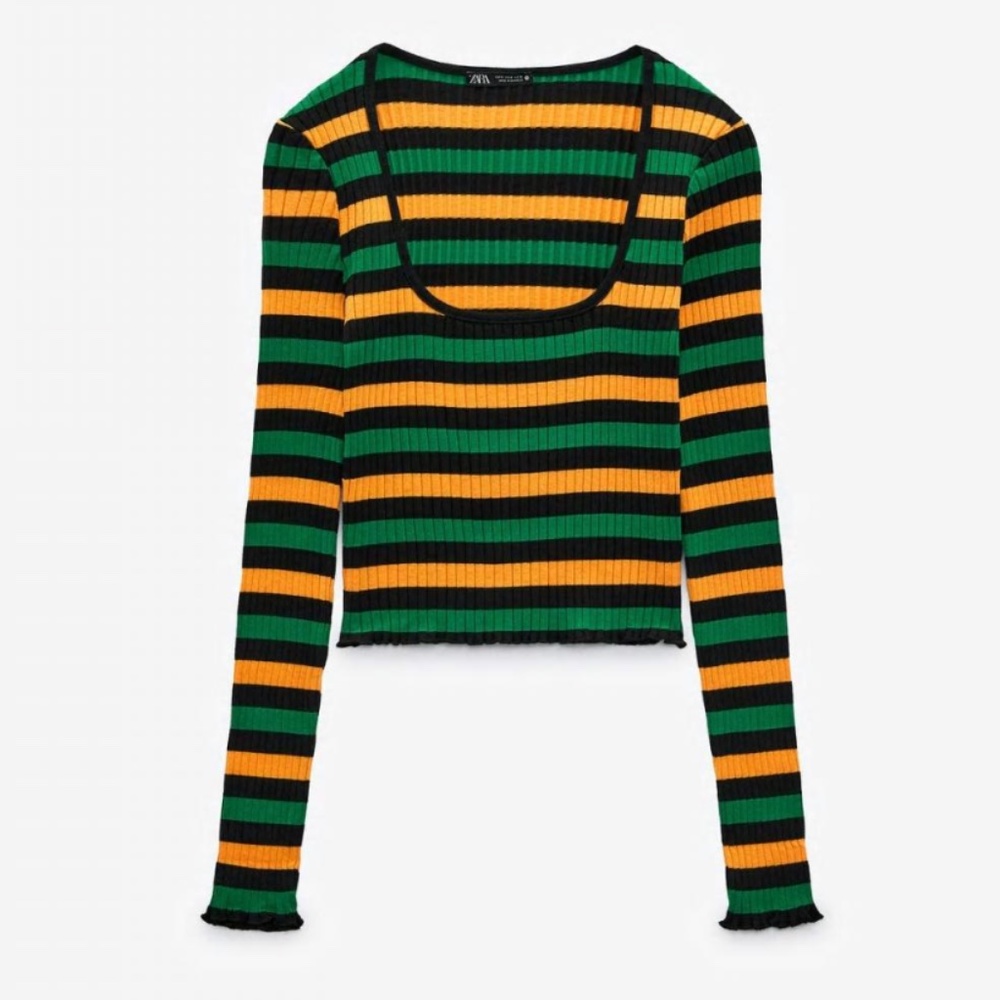 Zara striped black, green and orange ribbed long sleeve top NWT